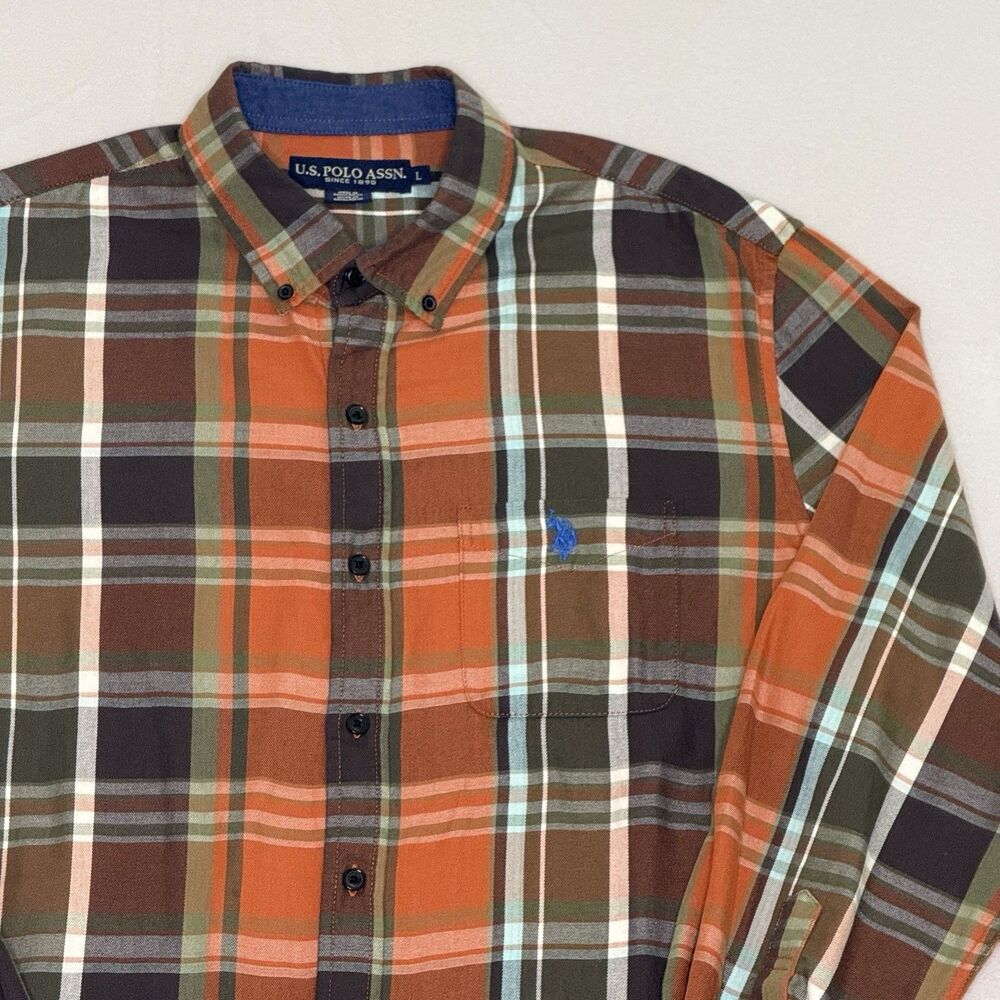 US Polo Assn Mens Large Brown Orange Plaid Button Down Long Sleeve Shirt